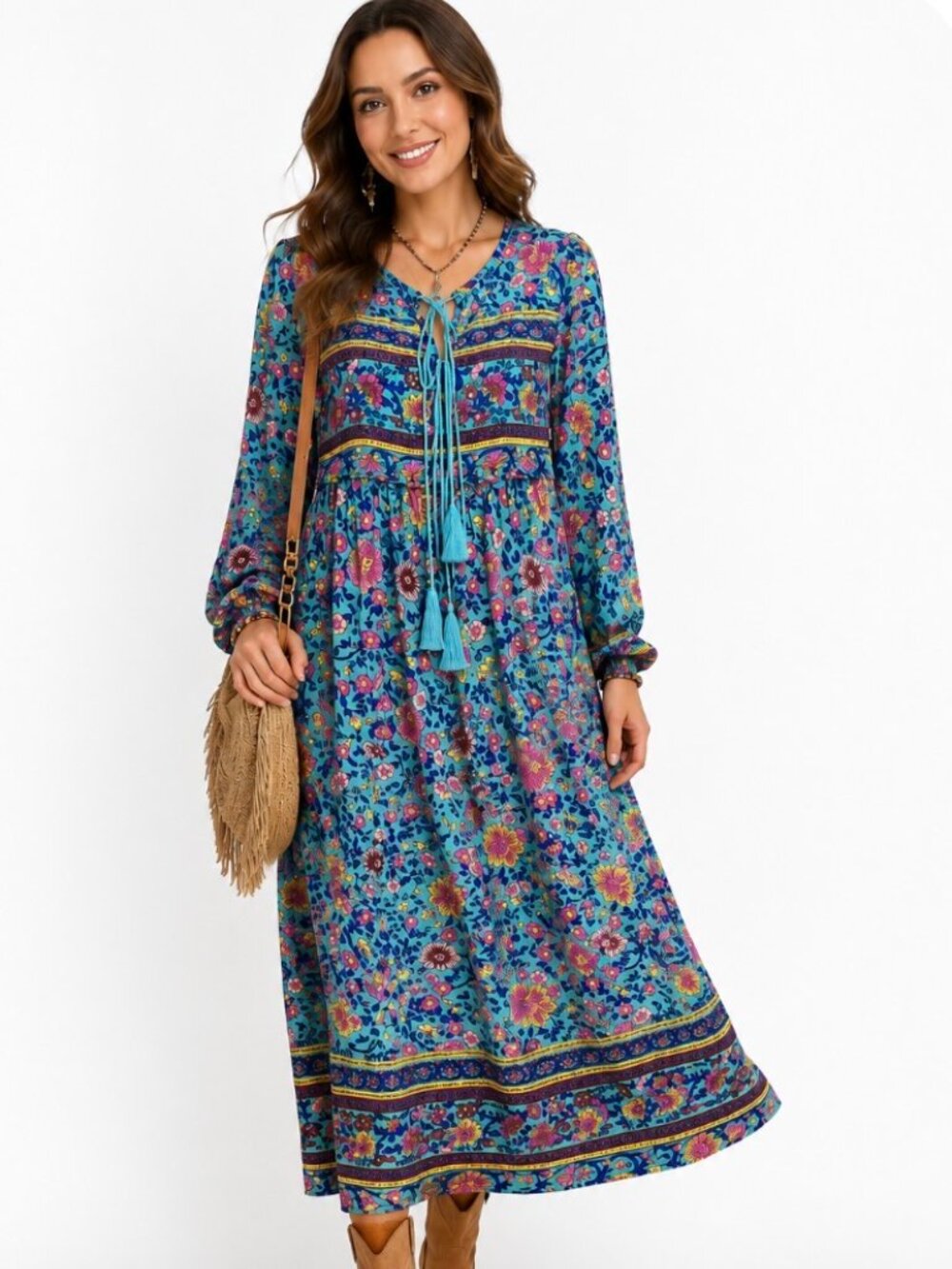ZAFUL Boho Floral Maxi Dress Blue Turquoise Long Sleeve Tassel Tie Peasant Sz M